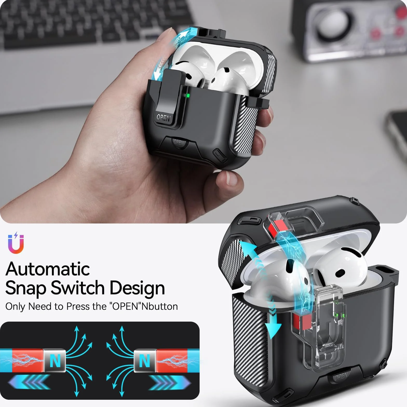 Compatibile con Custodia AirPods 4 con supporto per telefono, Cover in design fibra di carbonio per AirPods 4 versione ANC con chiusura automatica a scatto e pennello per pulizia (Nero) | Autopop - Supporto magnetico posteriore in fibra di carbonio, con p