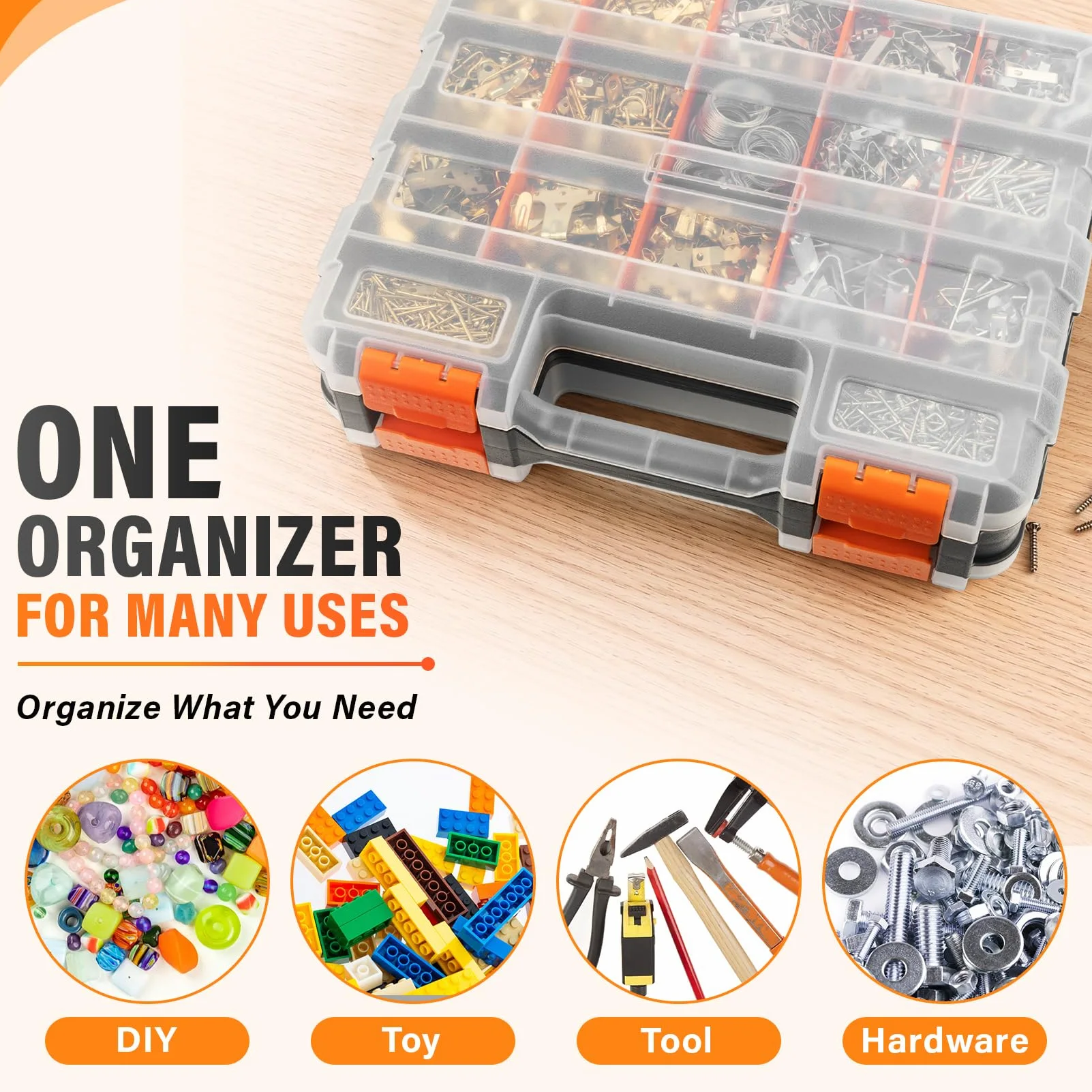 DIYSELF Organizer per viti, organizer a 34 scomparti per piccole parti, organizer per hardware con spazio regolabile, scatola portaoggetti con coperchio trasparente per hardware, artigianato, perline