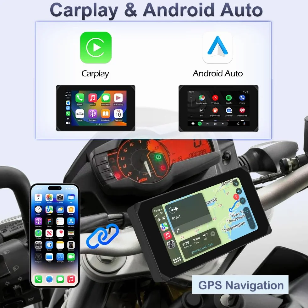 Dashcam per moto VSYSTO, 5,0 pollici, impermeabile, touchscreen per auto e Android con doppia telecamera anteriore e posteriore 150°, 1080P, visione notturna, navigazione GPS, telecomando (CS5-Pro)