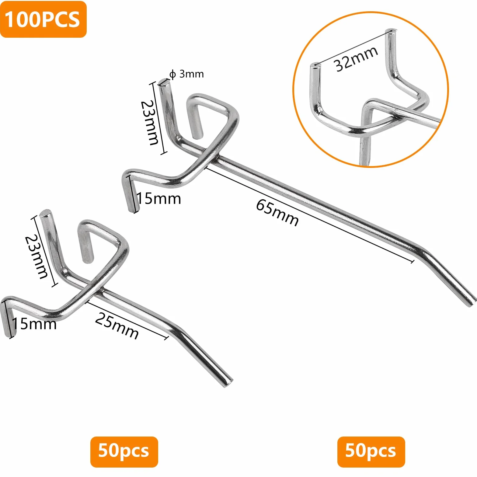 efuturetime 100 ganci per pannello perforati in due lunghezze (5 cm e 10 cm), ganci per mensole da cucina, supermercati, rack per attrezzi