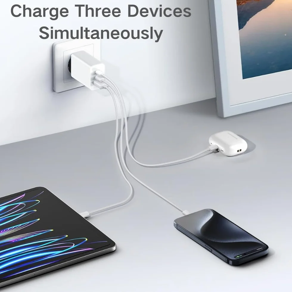 Caricatore rapido 65 W USB C – 3 porte caricabatterie con 2 x USB-C e 1 x USB-A, spina europea bianca, caricabatterie compatto per iPhone 17/16e/15/14/13/12/11, Samsung Galaxy, iPad – per casa e in