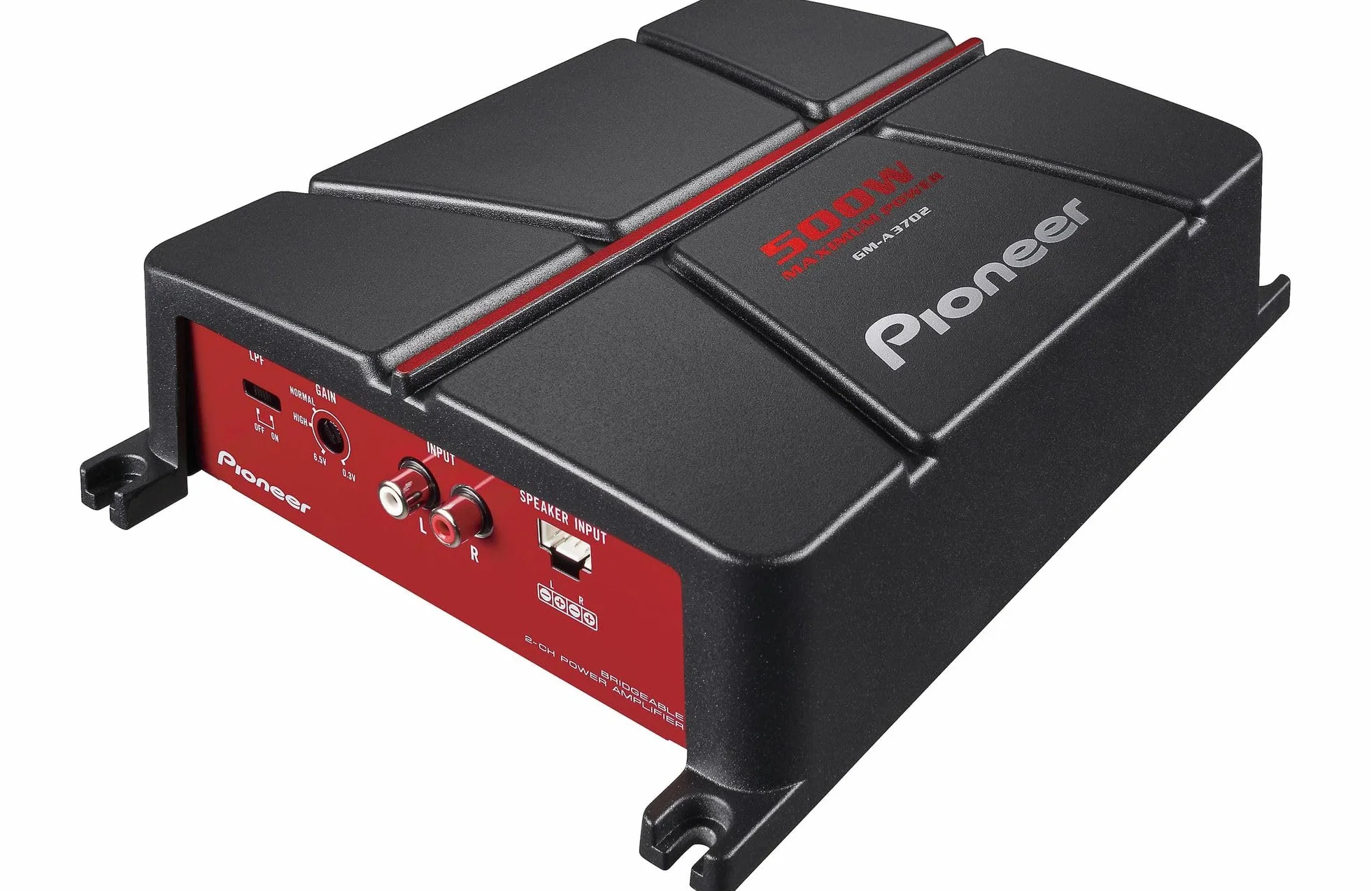 Amplificatore collegabile a ponte Pioneer GM-A3702 a 2 canali (500 W), bassa distorsione, alloggiamento del dissipatore di calore a corpo singolo, tensione di ingresso fino a 6,5 ​​V