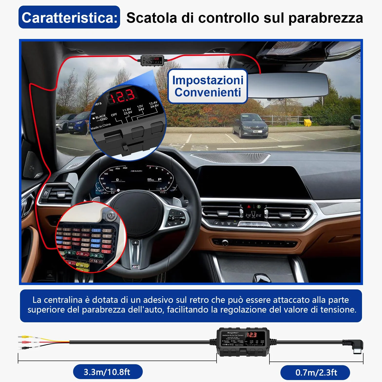 Kit Cablaggio USB-C con Schermo LED, 12V-32V a 5V 3A Auto Cavo di Ricarica Kit 4m 3-Core con Protezione Regolabile a Bassa Tensione, Dash Cam Hardwire Kit Monitoraggio Parcheggio 24 Ore