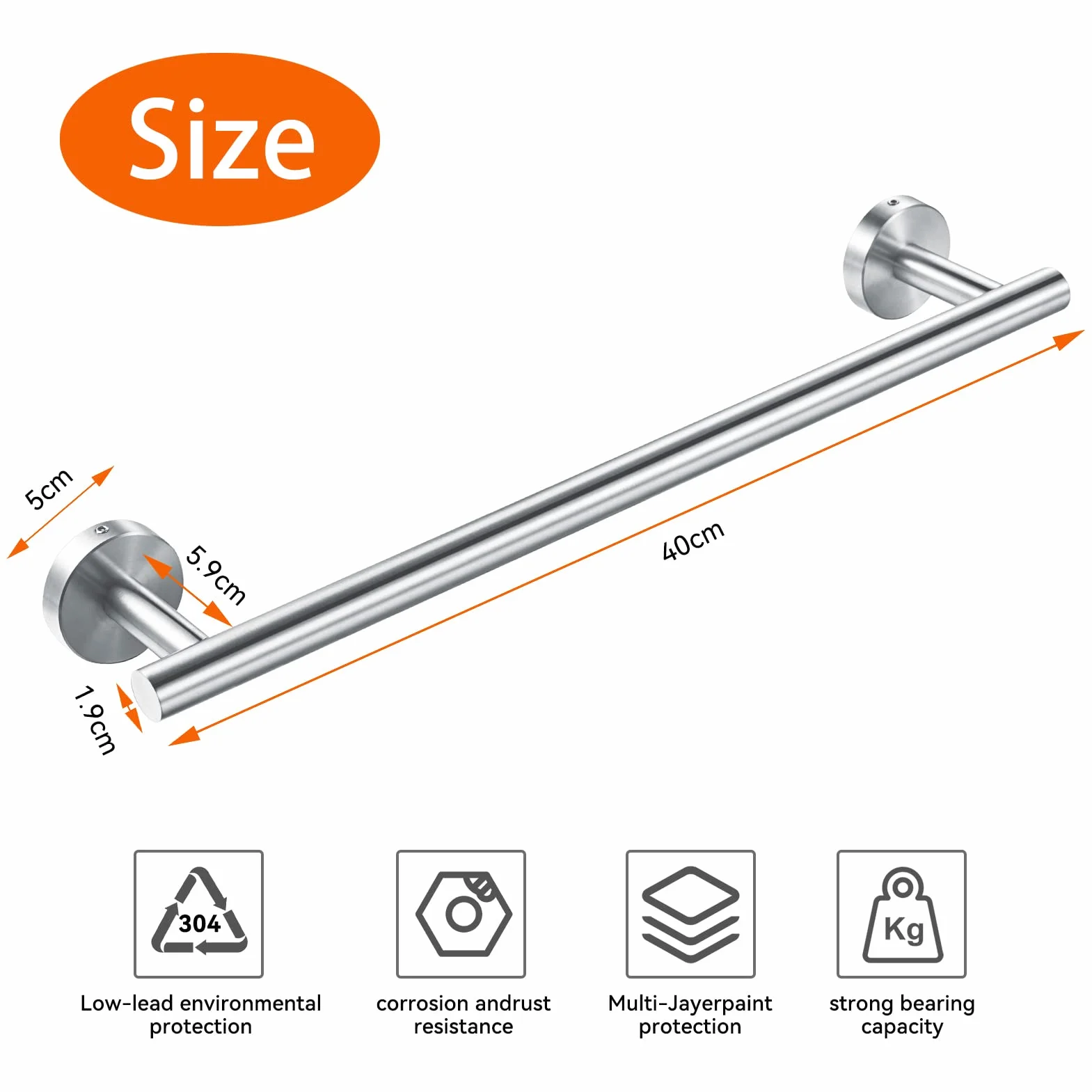 YUET Porta Asciugamani Bagno 40CM Acciaio Inossidabile SUS304 RUSTPROOF Spazzolata 16''