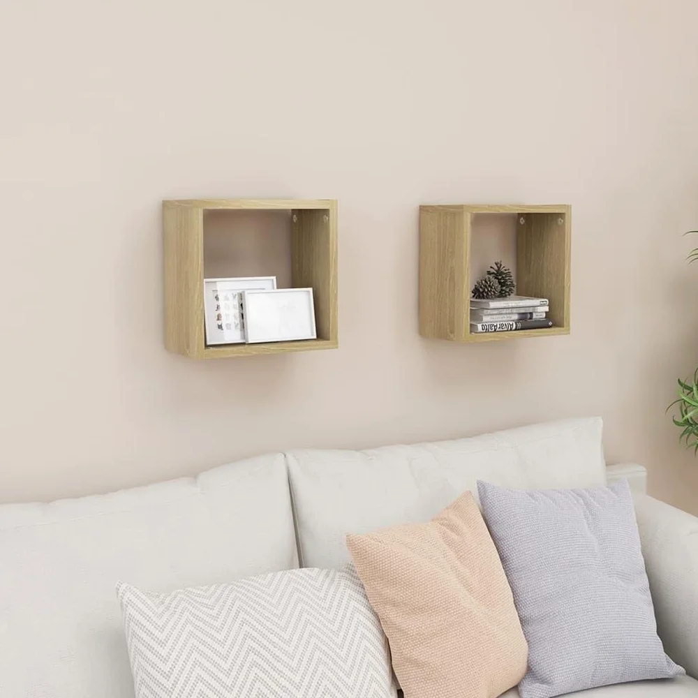 Scaffalature, mensole da parete e sporgenze, mensole cubiche da parete, 2 pezzi, rovere Sonoma, 26 x 15 x 26 cm