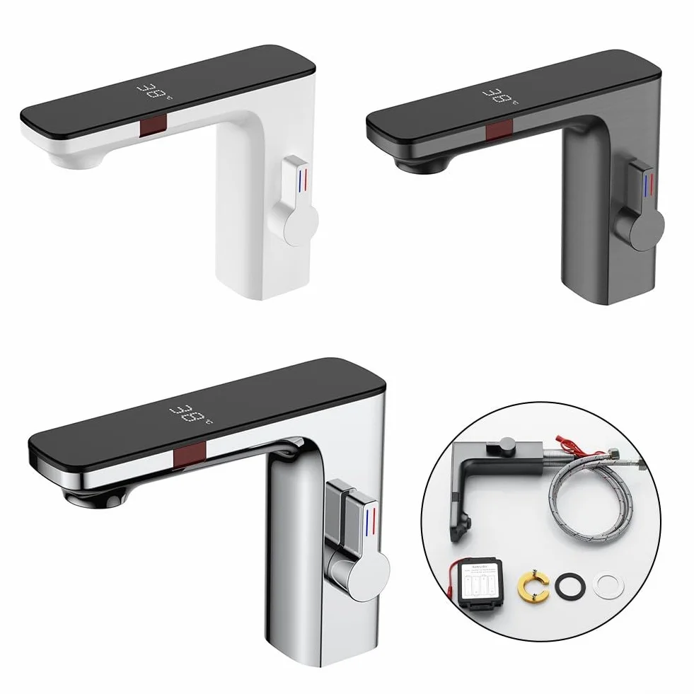 Rubinetto per lavabo con sensore intelligente, miscelatore acqua calda e fredda, automatico senza contatto 1,27 cm cromato