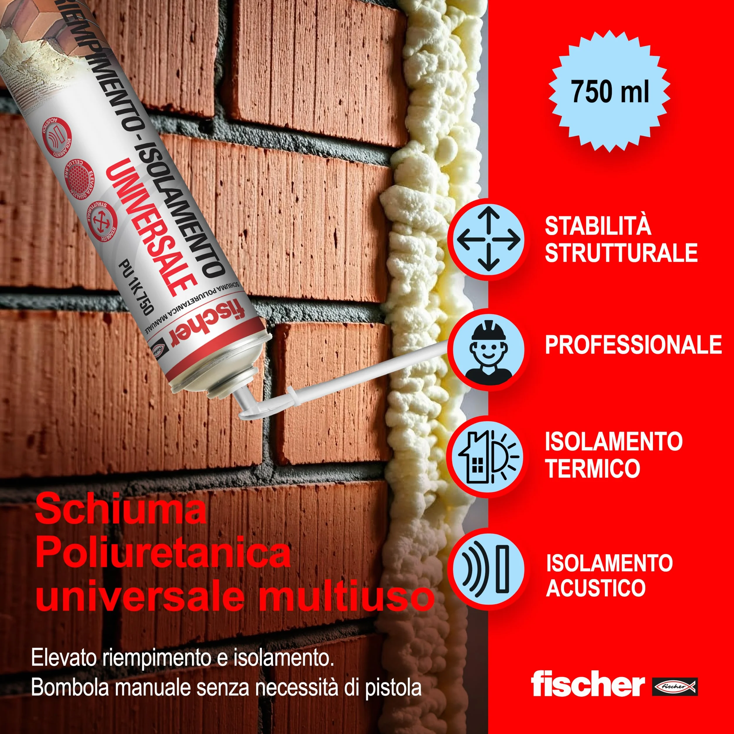 Fischer Bi-Pack Schiuma Poliuretanica Universale Espansa PU 1K 2x 750 ml