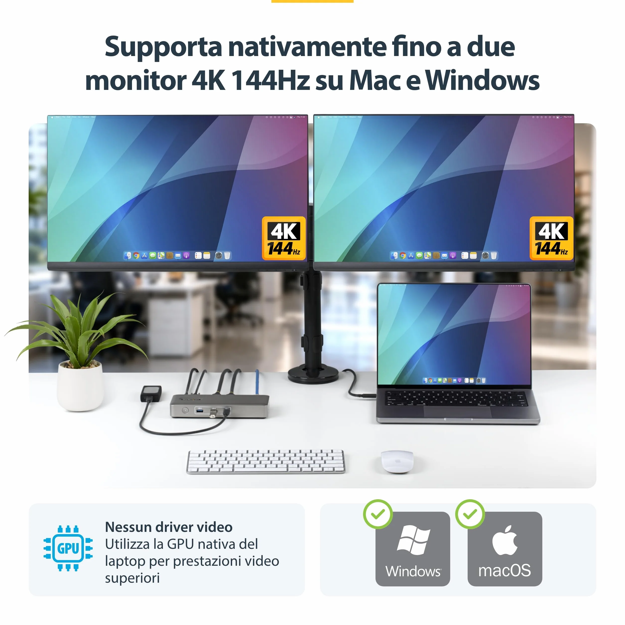 StarTech Docking Station USB4, Doppio Monitor 4K senza Driver per macOS e Windows, Dock USB-C Universale con Power Delivery da 100W per Laptop, Ethernet 2,5GbE