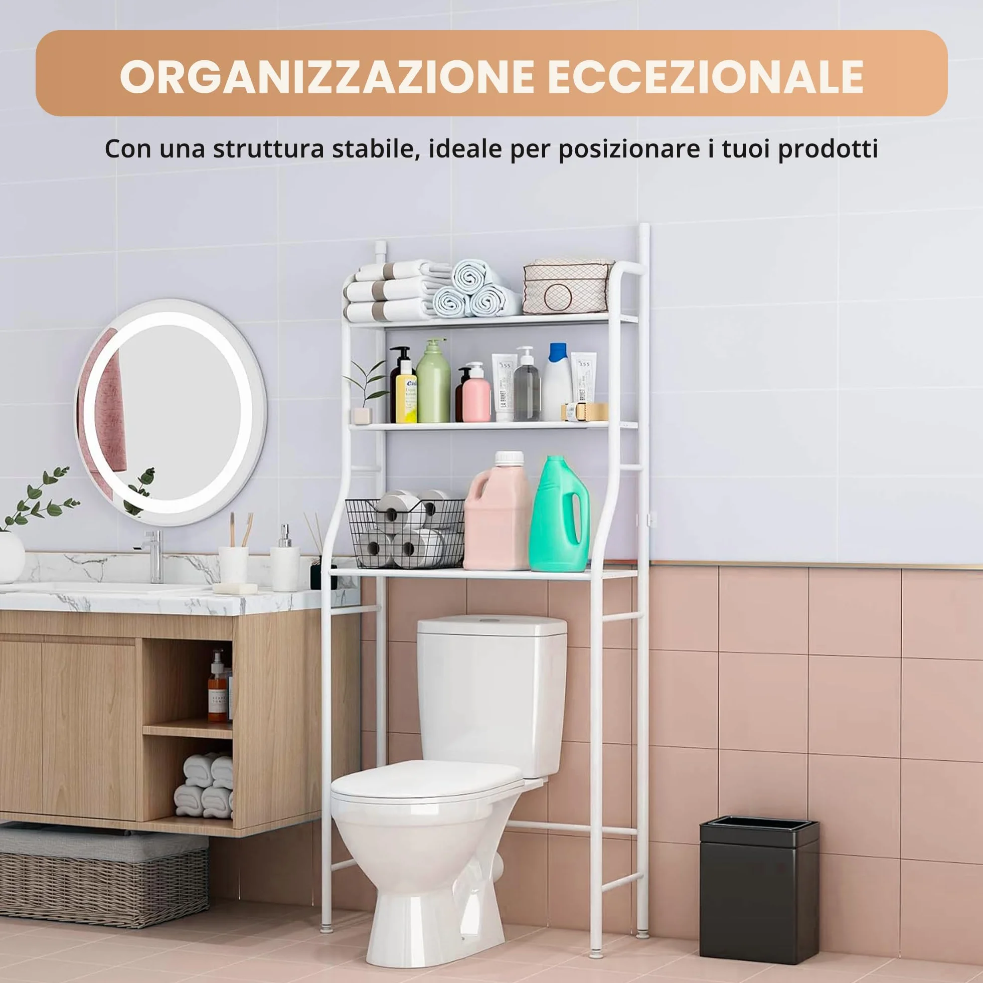 JUPPLIES Mobile Sopra WC Bagno 3 Ripiani Salvaspazio Scaffale Sopra Toilette Metallo 47x26x153cm Piedi Regolabili Anti-Ribaltamento