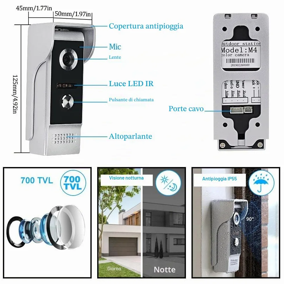 YiToo Videocitofono da 7 pollici Cablato Sistema di campanello per telefono del portello Un monitor per interni con una 700TVL fotocamera esterna, impermeabile a infrarossi visione notturna