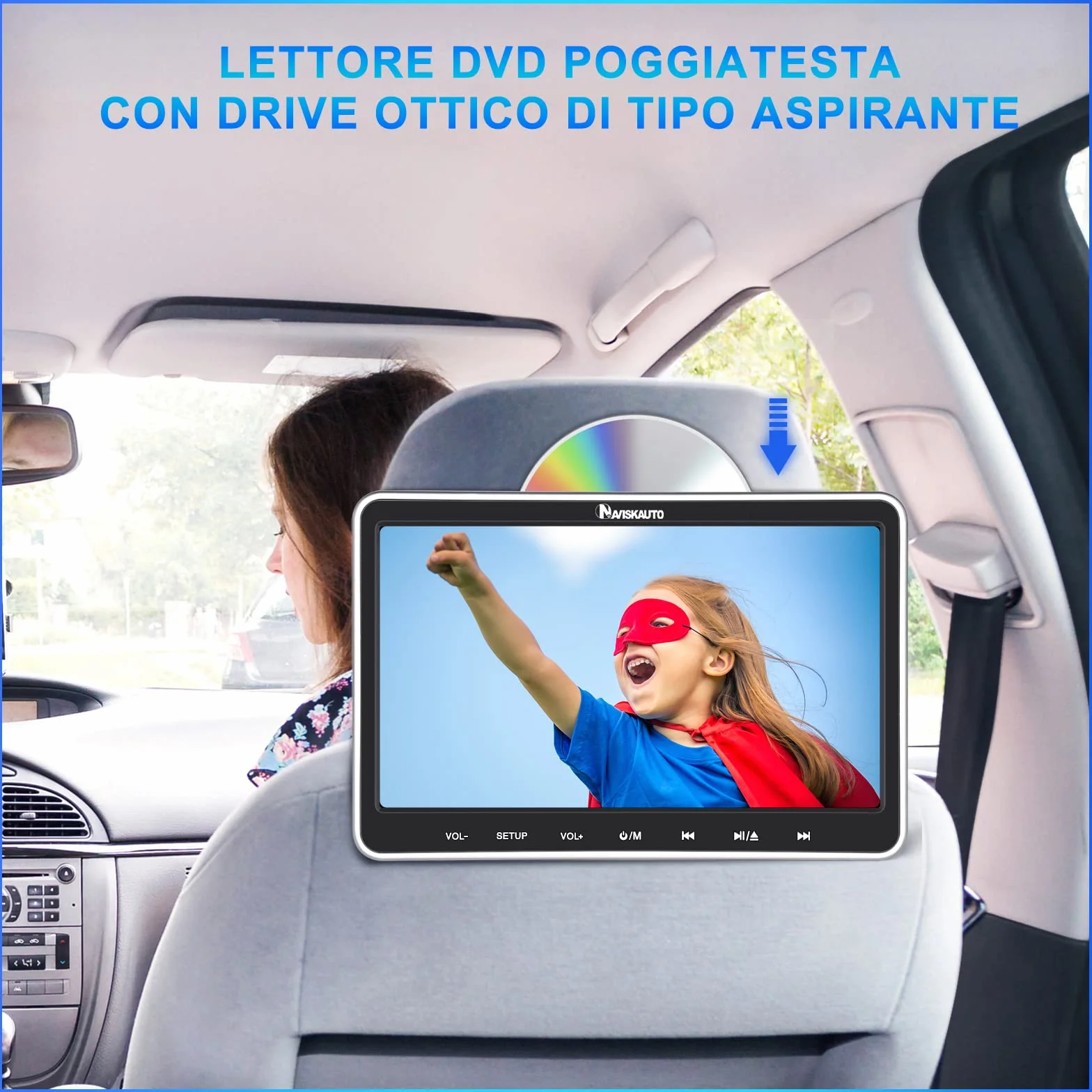 NAVISKAUTO Lettore dvd da auto per poggiatesta，due cuffie dotate, due monitor da 10.1＂, supporta USB/SD/Region free/AV-in e out, cavo AUX, 18 mesi di garanzia, per bambini