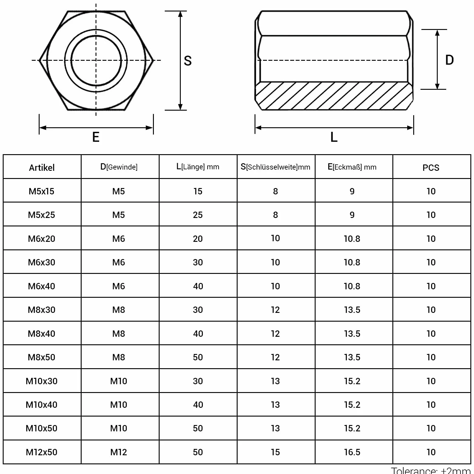 Dado lungo M8 x 50 mm dadi filettati zincati esagonali manicotti distanziali 10 pezzi