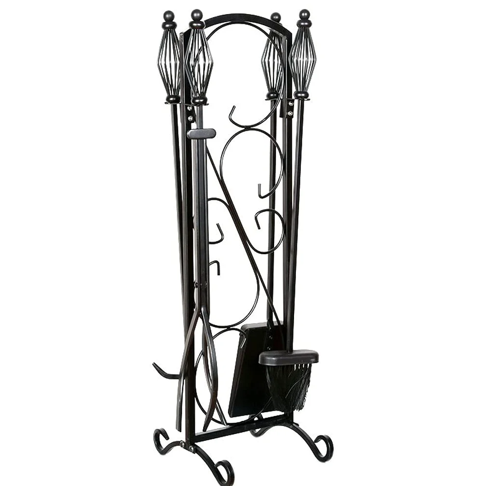 Set di 5 attrezzi per camino, accessori per camino, pinze, attizzatoio, base in metallo, pala e spazzola, adatto per stufe a legna per interni, decorazione in ferro battuto