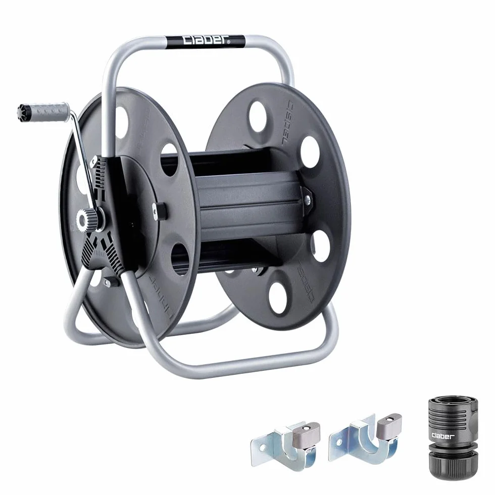 Claber Metal 40, avvolgitubo manuale da giardino in metallo, portatile installabile a parete