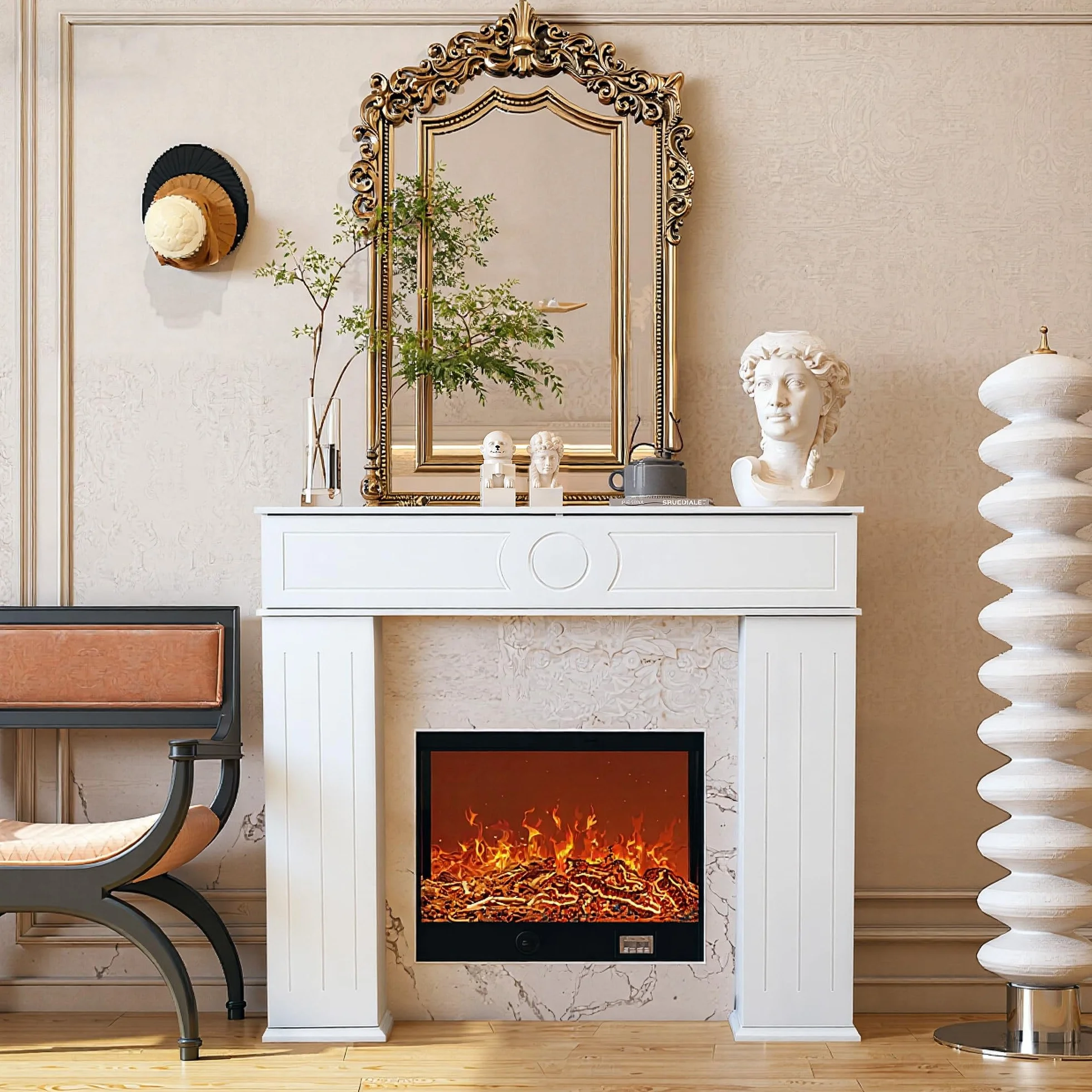 Cornice decorativa per camino in legno 3 porte con vano portaoggetti e scomparto segreto