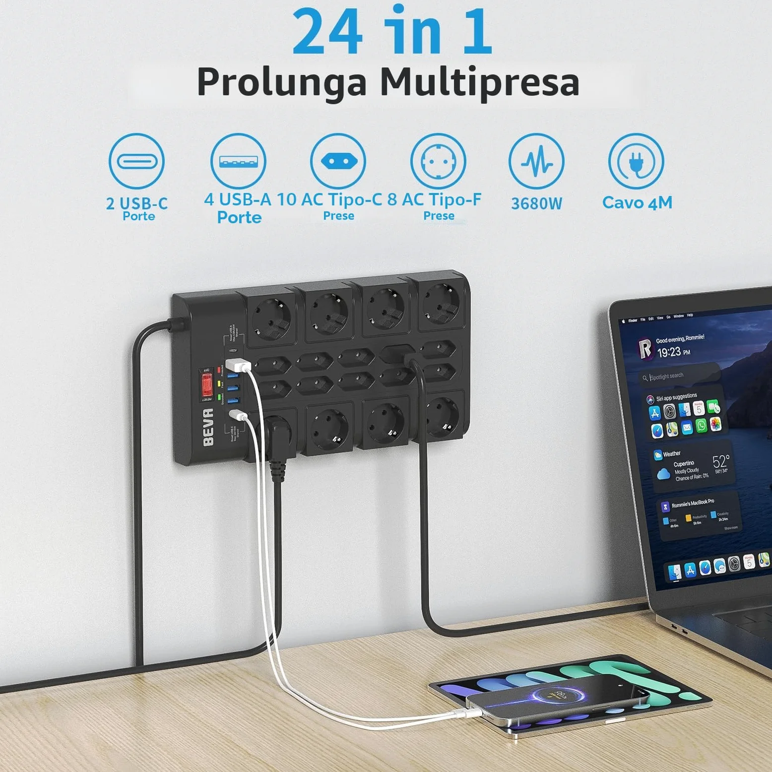 4M Ciabatta Multipresa 3680W/16A, BEVA Ciabatta Elettrica con 18 Prese CA, 4 Porte di Ricarica USB-A e 2 USB-C, Presa con Indicatore di Stato e Protezione Dalle Sovratensioni