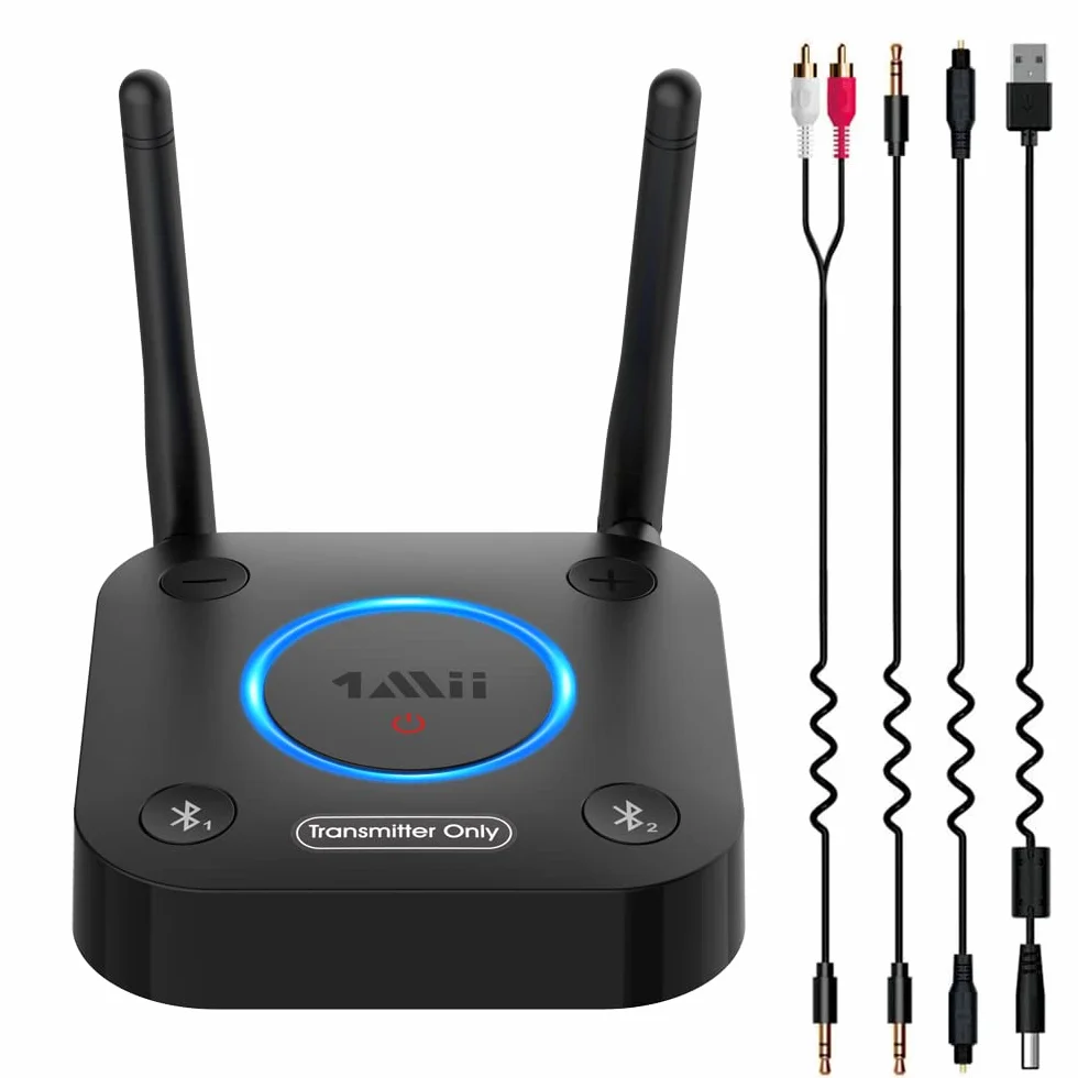 1Mii Trasmettitore Bluetooth 5.2 per TV a 2 Cuffie Bluetooth, Adattatore Audio Wireless TV con Controllo Volume, Ingresso Ottico, Coassiale, AUX, RCA, AptX Bassa Latenza, Lungo Raggio 60m