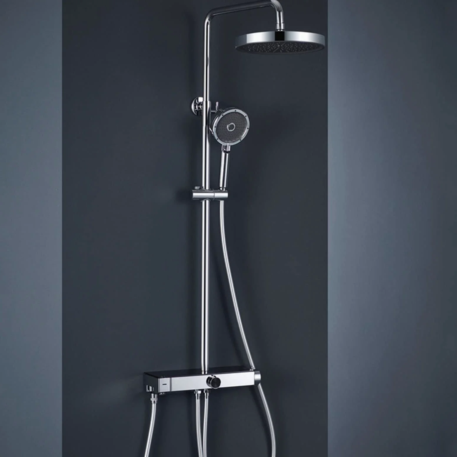 Set Rubinetto Doccia termostatico Cromato, Moderno Sistema a 4 funzioni, soffione a Pioggia con doccetta, Bocca per Vasca, doccetta per Bidet, Montaggio a Parete