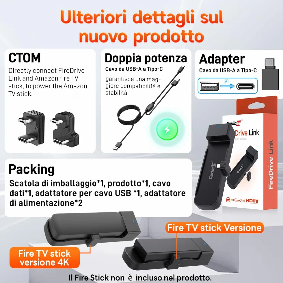 Carlinkit 2026 Adattatore HDMI FireDrive Link Auto - Convertitore per Fire TV Stick & Gaming, Trasmissione Video HD 1080p, Plug & Play, Compatibile con CarPlay Cablato e Dispositivi Fire TV Stick