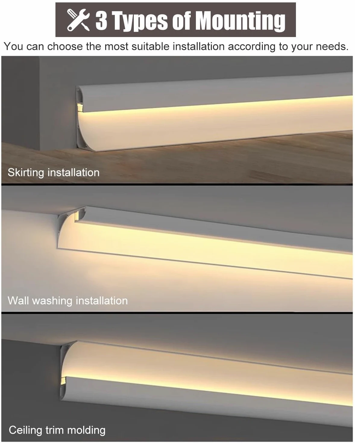Dimensioni delle modanature per soffitti, Lunghezze Multiple del Rivestimento del Canale del diffusore LED con Modanatura a Corona del soffitto(19m (62.3ft))
