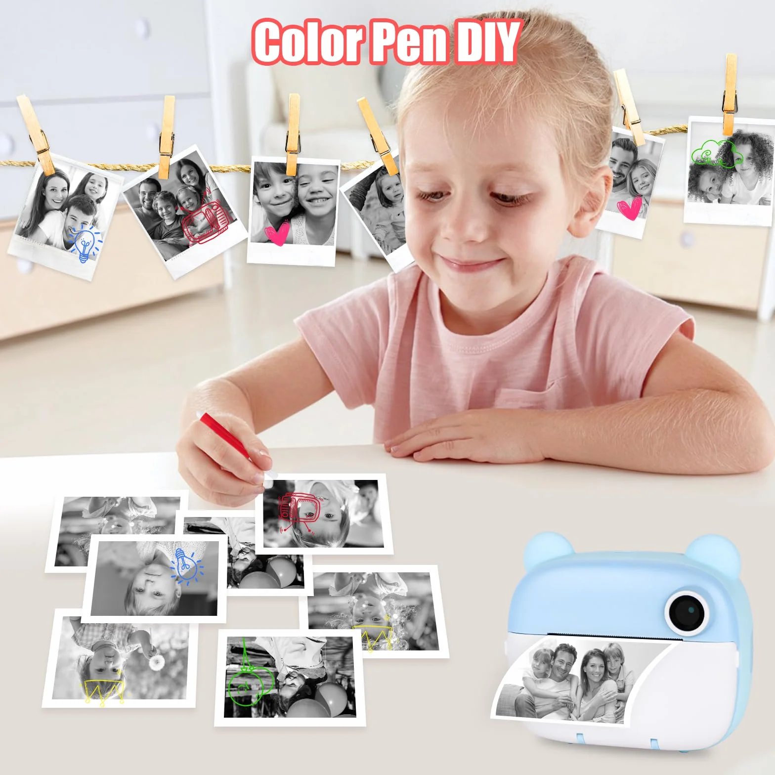 Fotocamera per bambini, 1080 p, fotocamera istantanea per bambini, con carta da 32 gb e carta fotografica, 3 – 12 anni, regalo di Natale per ragazze ragazzi (blu)