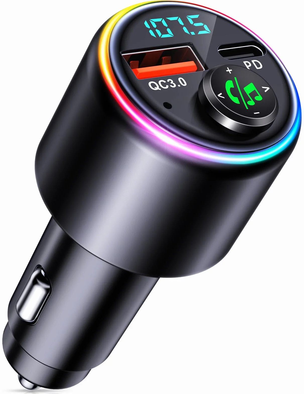 CIRYCASE Trasmettitore FM Bluetooth 5.3 per Auto, PD 30W & QC3.0 18W Vivavoce Auto, Pulsante Joystick Adattatore Trasmettitori FM Lettore Hi-Fi, 7 Colori Retroilluminato, Chiamate in Vivavoce