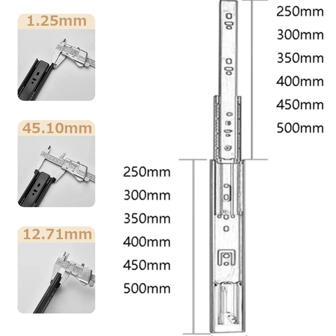 1 Paio Cuscinetti A Sfera Acciaio Guide per Cassetti 250 300 350 400 450 500 550mm con Chiusura Automatica, Estensione Completa, Metallo Nero (Misurare : 20in(50cm))