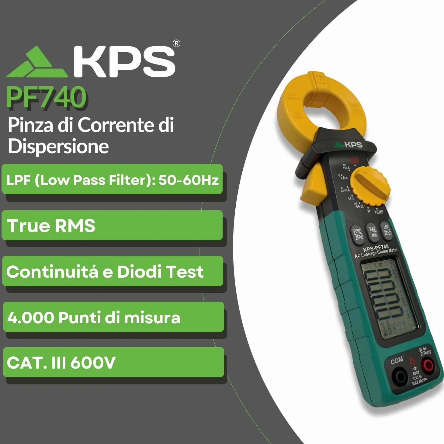 KPS -PF740 Pinza di perdite TRMS AC Max 150A, 4000 conti, tensione AC/DC 600 V, corrente AC 150 A, resistenza 40 MΩ, capacità 40 μF e temperatura, cat. III 600 V