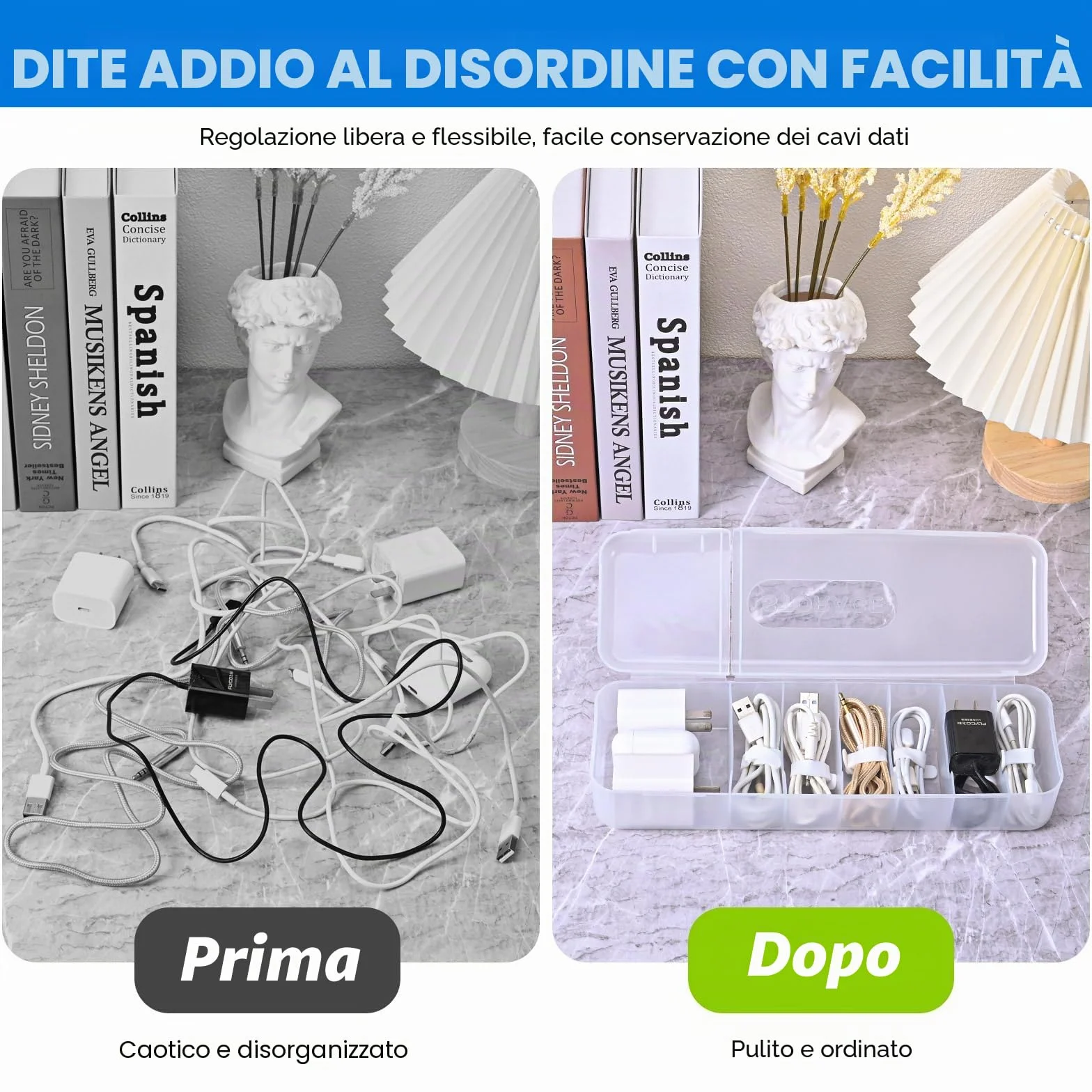 Organizzatore di cavi - Scatola per il riporre e ordinare i cavi di ricarica, per proteggere e avvolgere