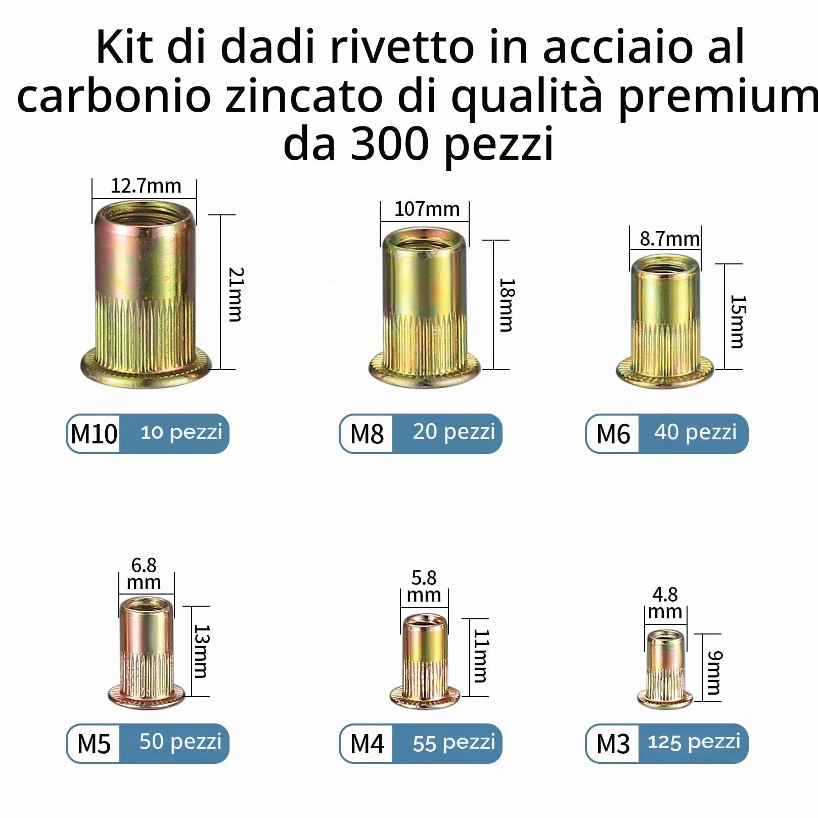 Inserti Filettati M3-M10, Rivetti Filettati in Acciaio al Carbonio, Testa Piatta Tonda, Nutsert Zincati, 300 Pezzi
