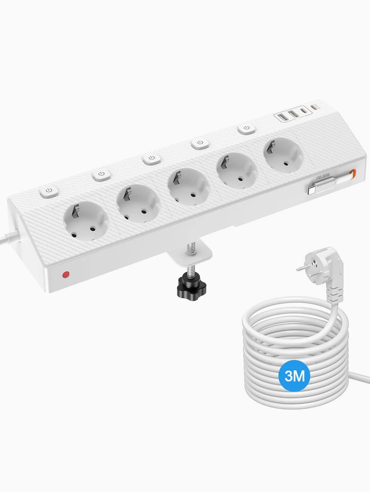 Ciabatta elettrica da tavolo con morsetto USB PD 30 W, 5 prese, multipresa da scrivania con protezione da sovratensione e commutabile singolarmente, presa angolare 10 in 1 con cavo da 3 m, bianco