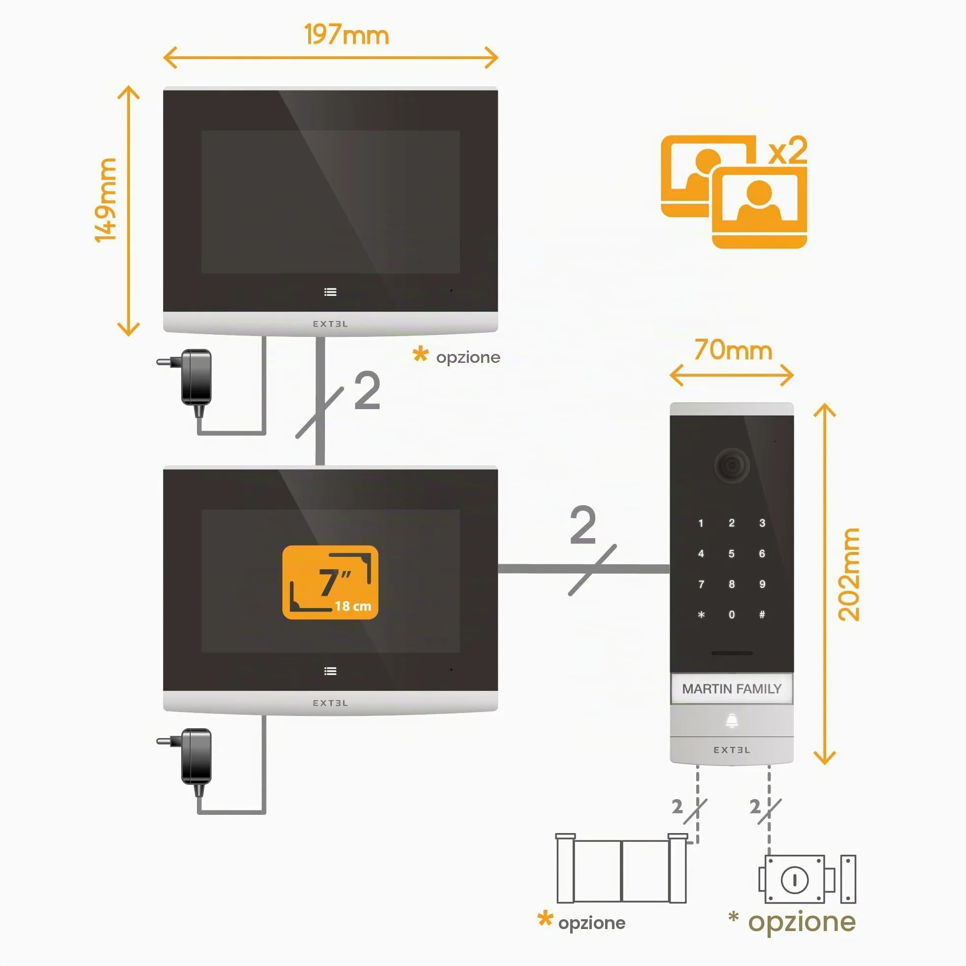 Avidsen Videocitofono cablato con schermo in vetro da 7" collegato al tuo smartphone con tastiera a codice integrato - Extel Code Connect