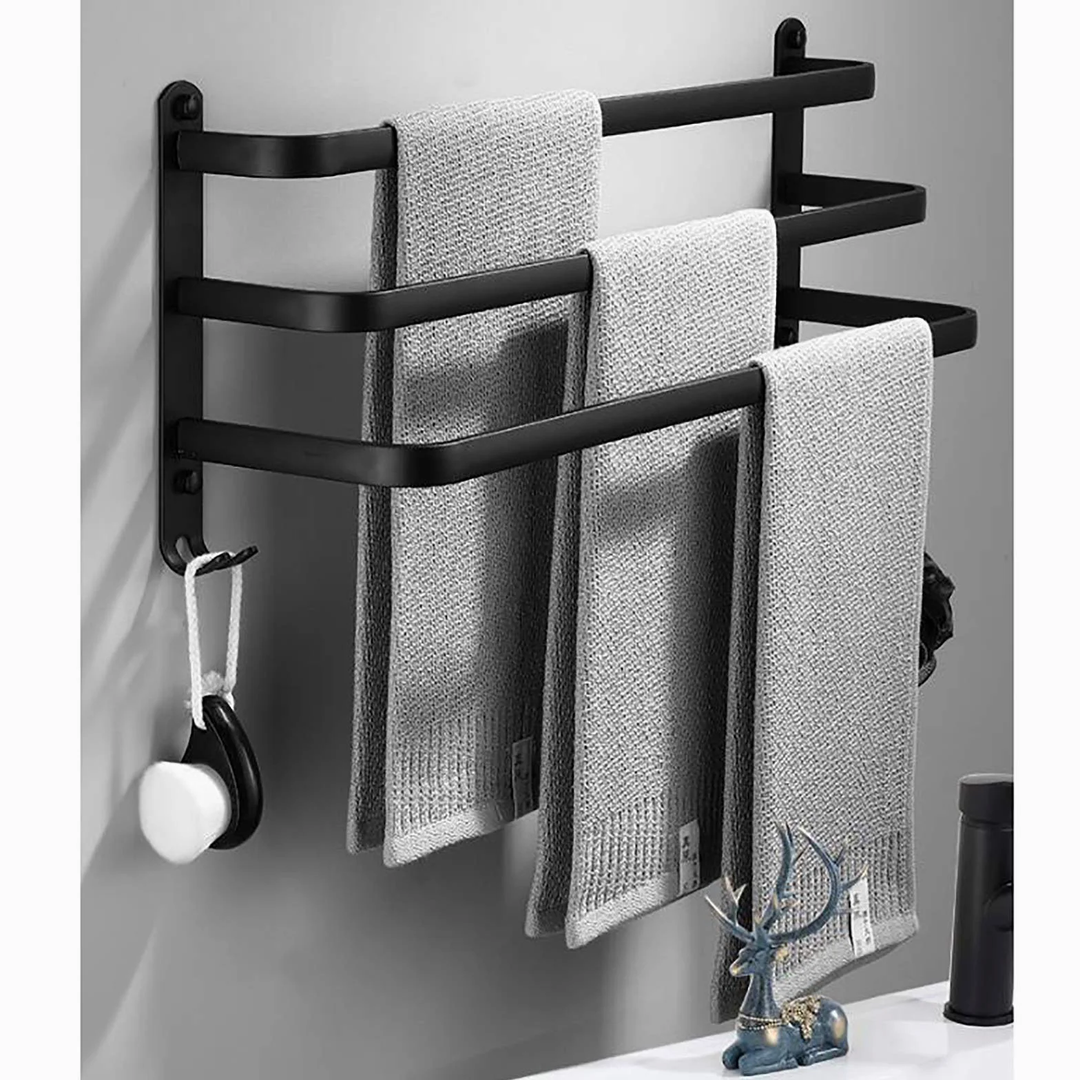 Portasciugamani da Bagno Nero a Parete, Portasciugamani da Bagno a Tre Strati, Portasciugamani in Alluminio Spazio Impermeabile e Antiruggine per Cucina, Doccia, Hotel/60Cm