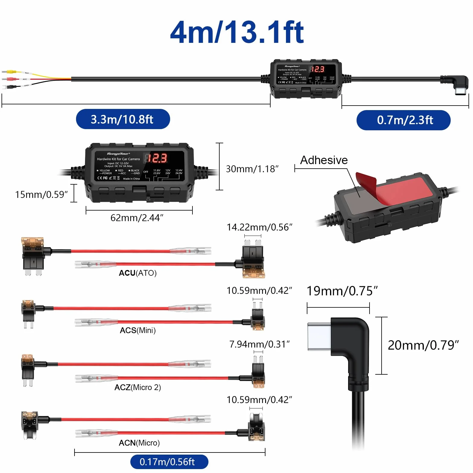 Kit Cablaggio USB-C con Schermo LED, 12V-32V a 5V 3A Auto Cavo di Ricarica Kit 4m 3-Core con Protezione Regolabile a Bassa Tensione, Dash Cam Hardwire Kit Monitoraggio Parcheggio 24 Ore