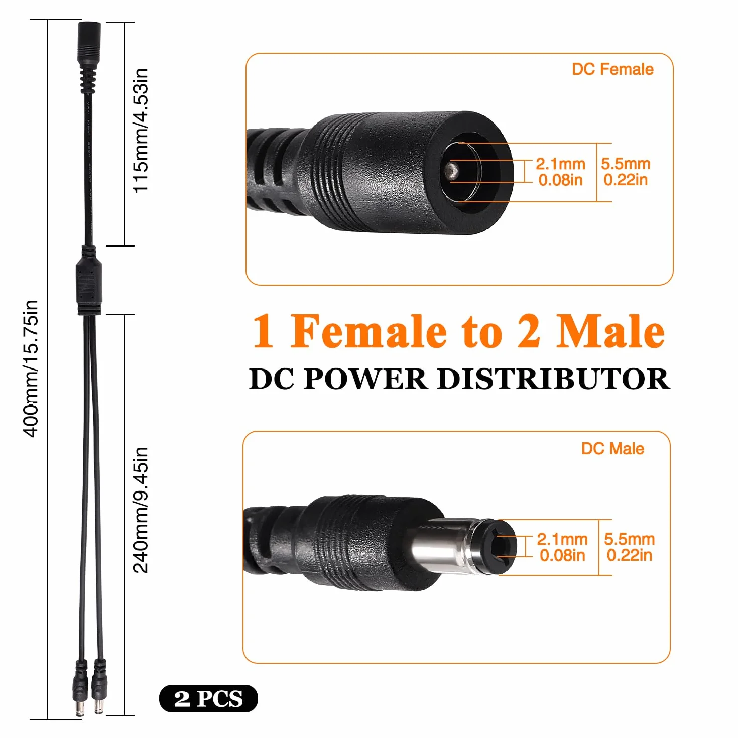 KUOQI 2 Pezzi 5.5x2.1 mm 5-24 V 1 Femmina a 2 Maschi Cavo Splitter DC, Cavo Splitter di Alimentazione DC a 2 Vie per Telecamere CCTV