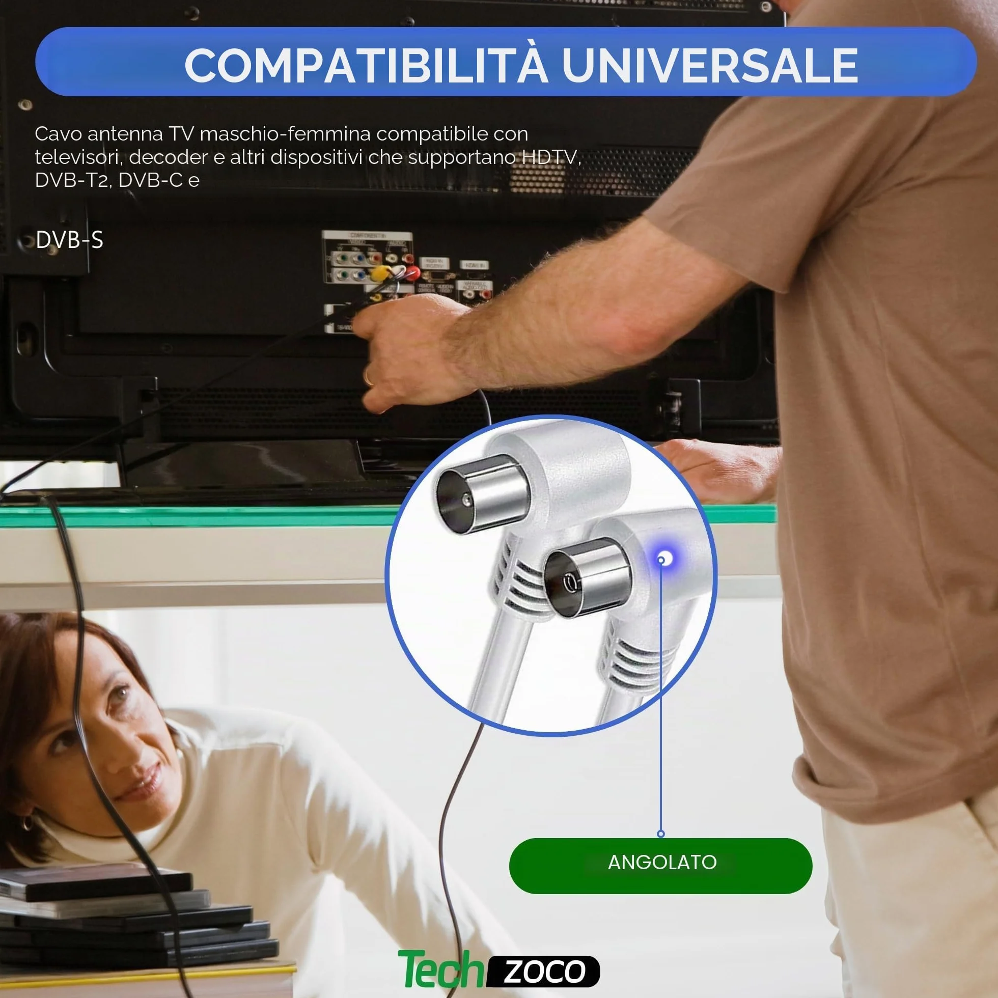 TECHZOCO Cavo antenna TV maschio femmina, coassiale 90°, per TV e decoder, 70dB, HDTV, DVB-T2/C/S, 75 Ohm, bianco, 2,5 metri
