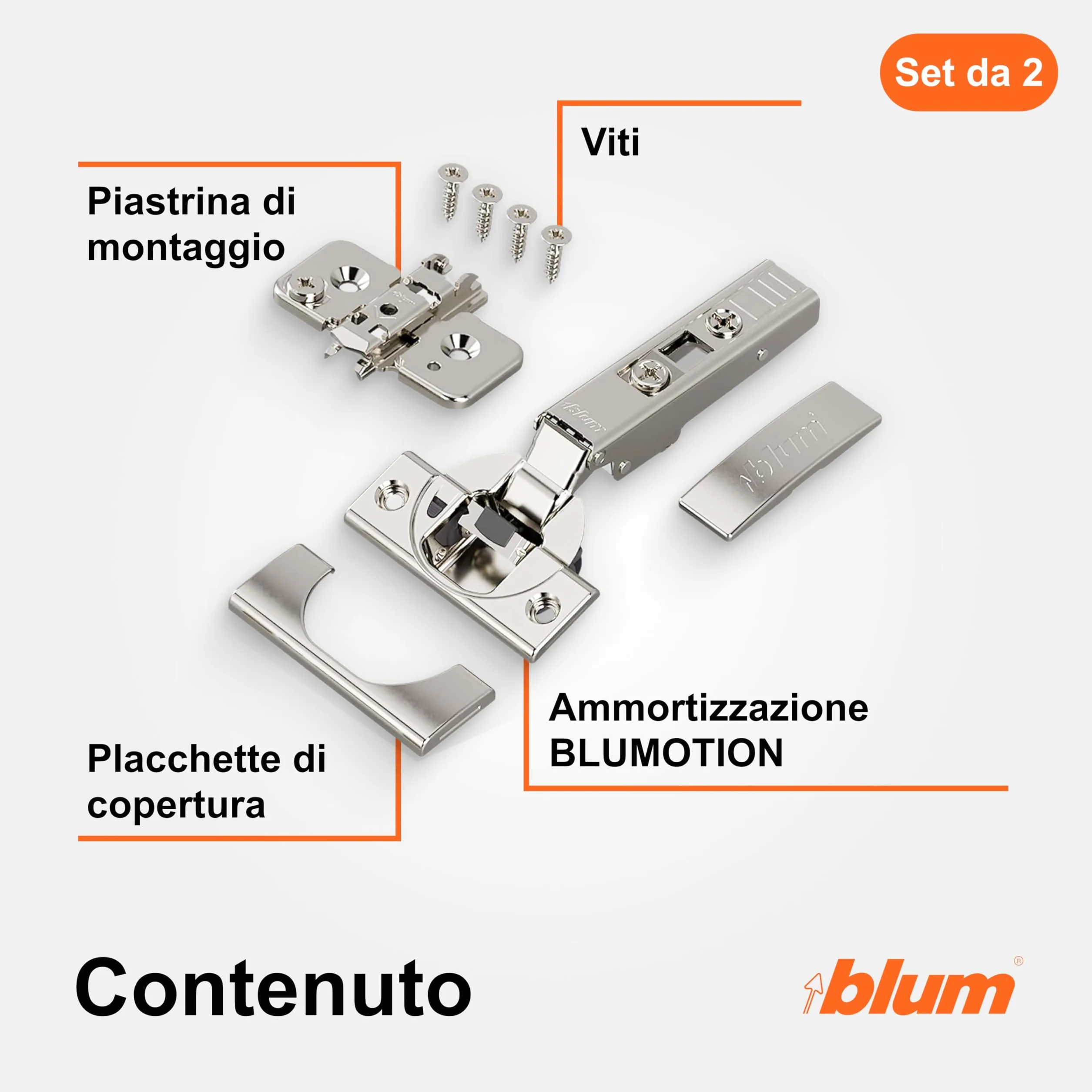 BLUM CLIP TOP BLUMOTION - 2 cerniere per mobili a 110°, dritte con molla, viti, arresto angolare + clip blu, piastra di montaggio a croce eccentrica, acciaio, viti, distanza 0 mm