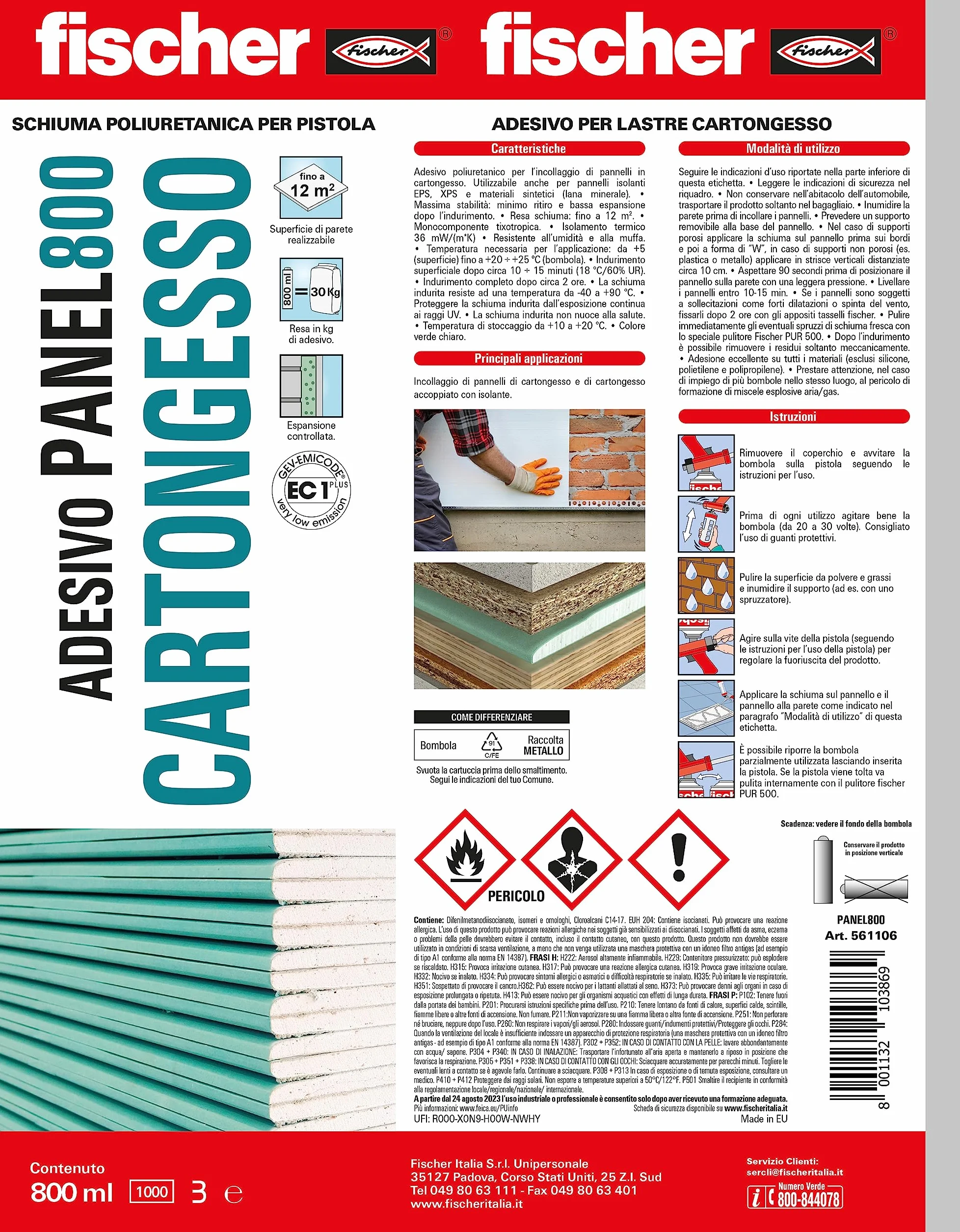 Fischer Schiuma Poliuretanica Cartongesso PANEL 800 ml per Pistola, Incollaggio Pannelli Isolanti EPS XPS Lana Minerale, Bianco