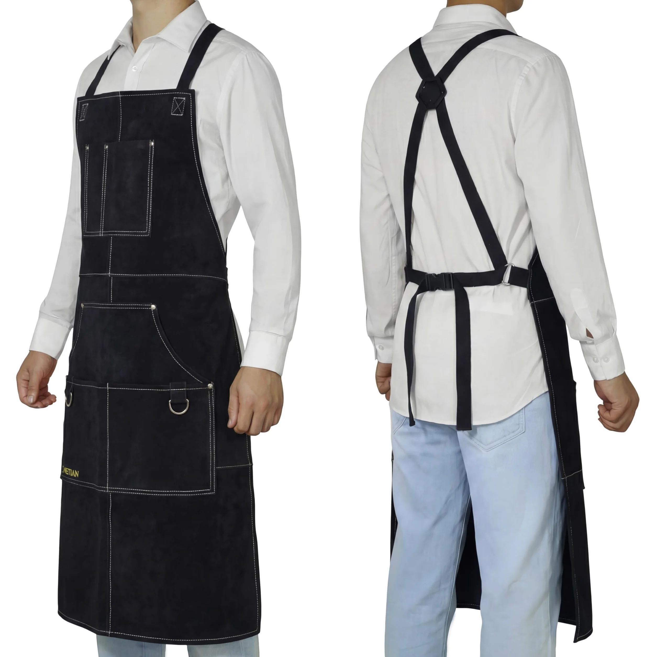 Grembiule da Saldatura in Pelle con Fodera Morbida – Resistente al Calore, Ignifugo, Grembiule Protettivo Robusto con Tasche Multiple