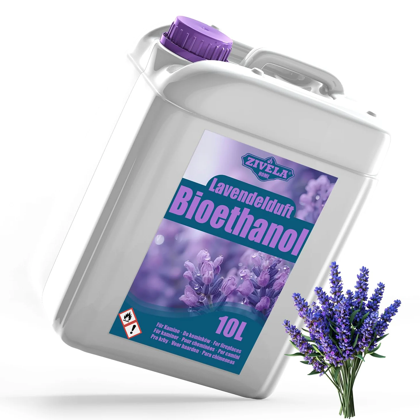 Bioetanolo 96,6% 10 l, profumo di lavanda di alcool biologico 96,6% 10 l, bioetanolo per camino, caminetto, camino a bioetanolo, profumo di lavanda, combustione pulita, senza fumo, fiamma vivida e