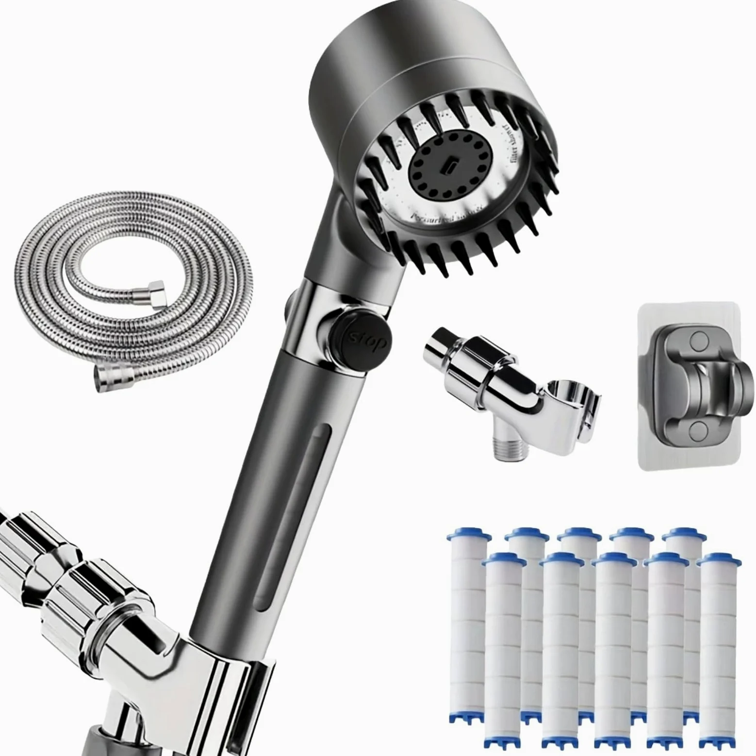 Pulifer | Doccino filtrante ad alta pressione con 3 modalità + pausa, supporto americano e gunmetal, tubo inox 1.5m, 10 filtri, risparmio idrico, getto potente per doccia confortevole