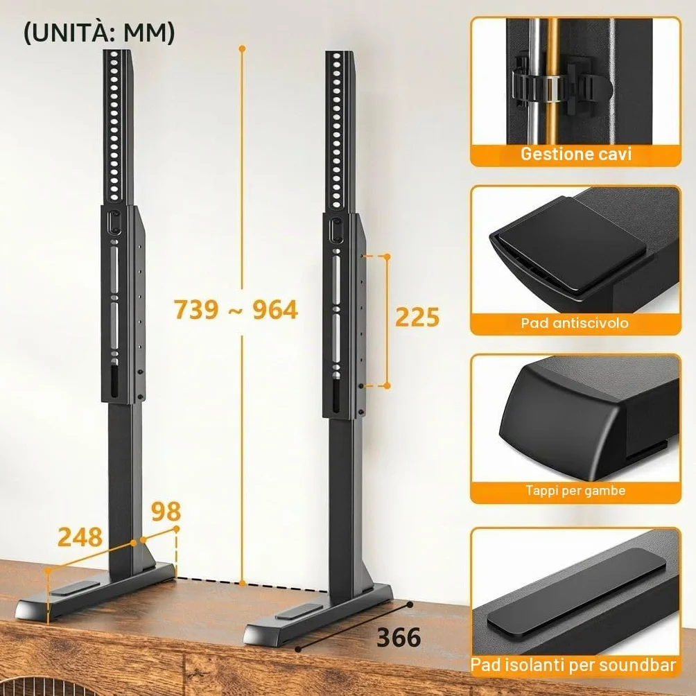TVON Supporto TV da Tavolo con Piedini TV Regolabili in Altezza, Base Supporto TV con Gestione dei Cavi per TV da 37 a 86 Pollici, Piedini in Acciaio Regge fino a 68 KG, VESA Max 800x600mm