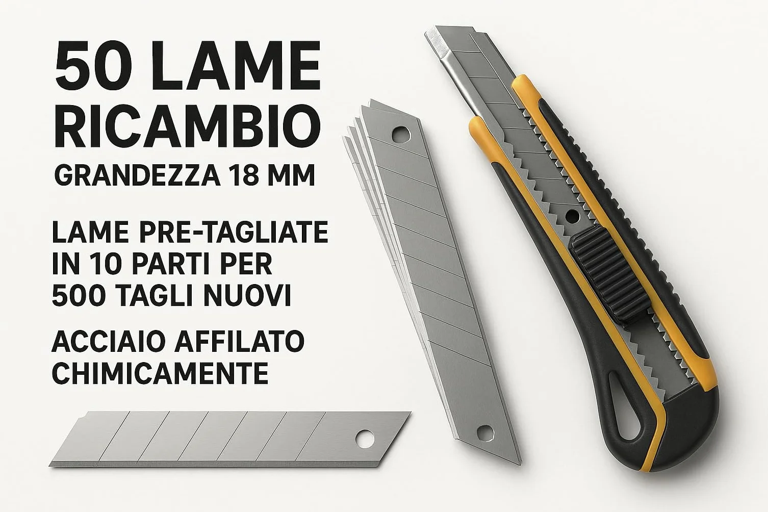 Lame di Ricambio per Cutter 18 mm – Acciaio Affilato Chimicamente – Pre-Tagliate in 10 Parti per 500 Tagli