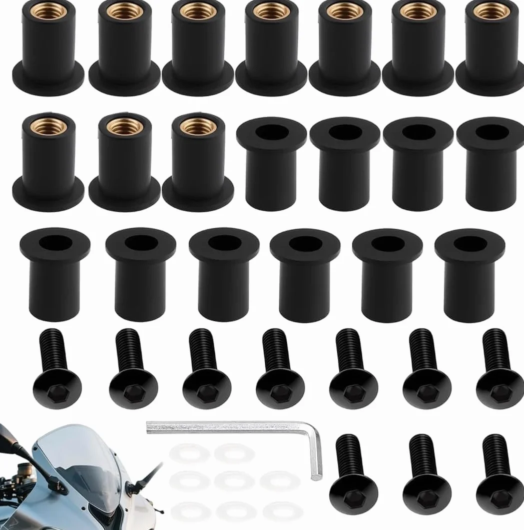 Kit Fissaggio Moto M5 10 Pezzi Viti Alluminio Dadi Gomma Rondelle Trasparenti Set Parabrezza Carene Antivibranti Chiave Brugola