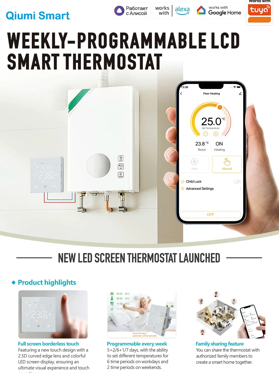WiFi Termostato Regolatore di Temperatura Smart Life APP Telecomando per Riscaldamento Elettrico Compatibile con Alexa Google Home, Bianco Font Display