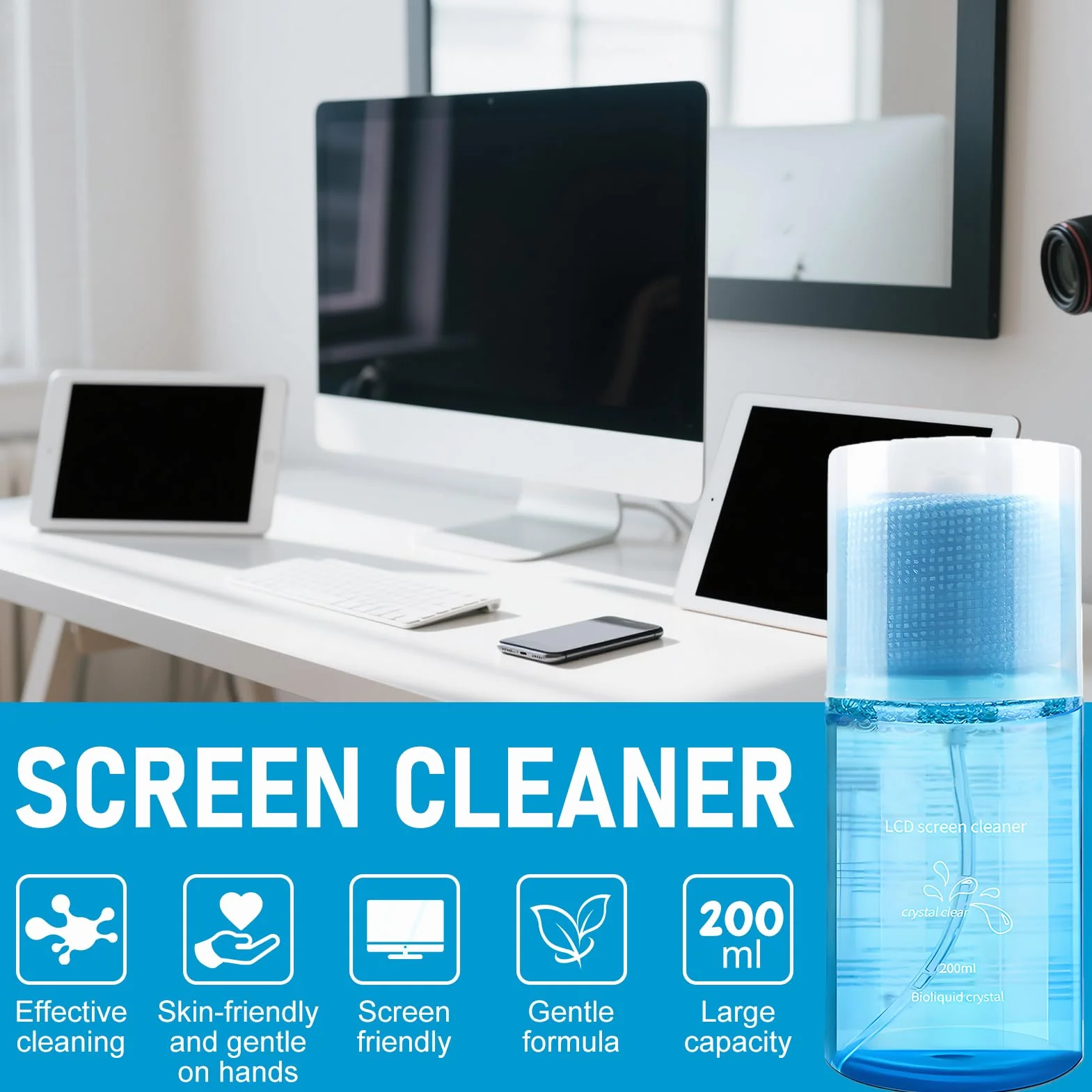 200ml Kit Pulizia Pc, Detergente Schermi Elettronici, Pulisci Schermo Pc + Panno Microfibra Schermo, Spray Pulizia Schermo per Monitor, Laptop, Tablet, Display di Computer