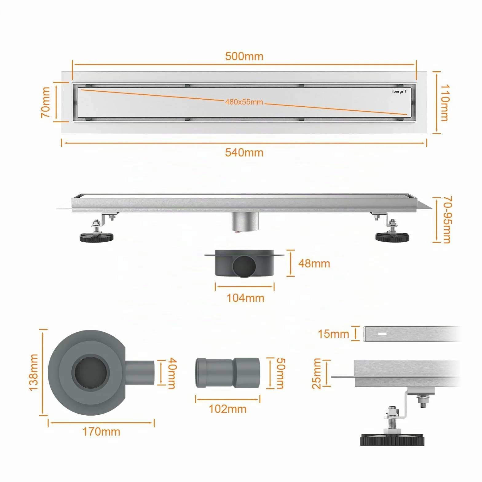 Ibergrif M42001-50 Canaletta Doccia in Acciaio Inox, Scarico Rapido Antiodore Filtro Capelli 50 cm
