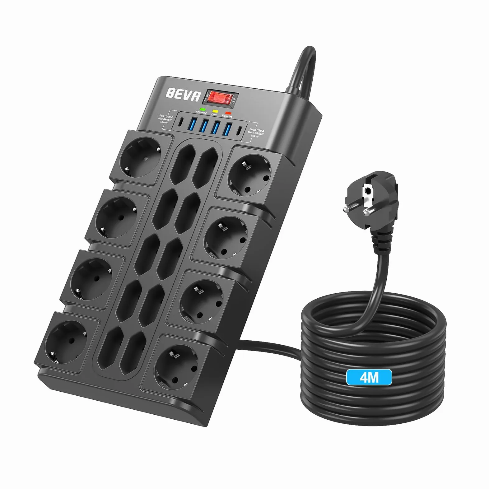4M Ciabatta Multipresa 3680W/16A, BEVA Ciabatta Elettrica con 18 Prese CA, 4 Porte di Ricarica USB-A e 2 USB-C, Presa con Indicatore di Stato e Protezione Dalle Sovratensioni