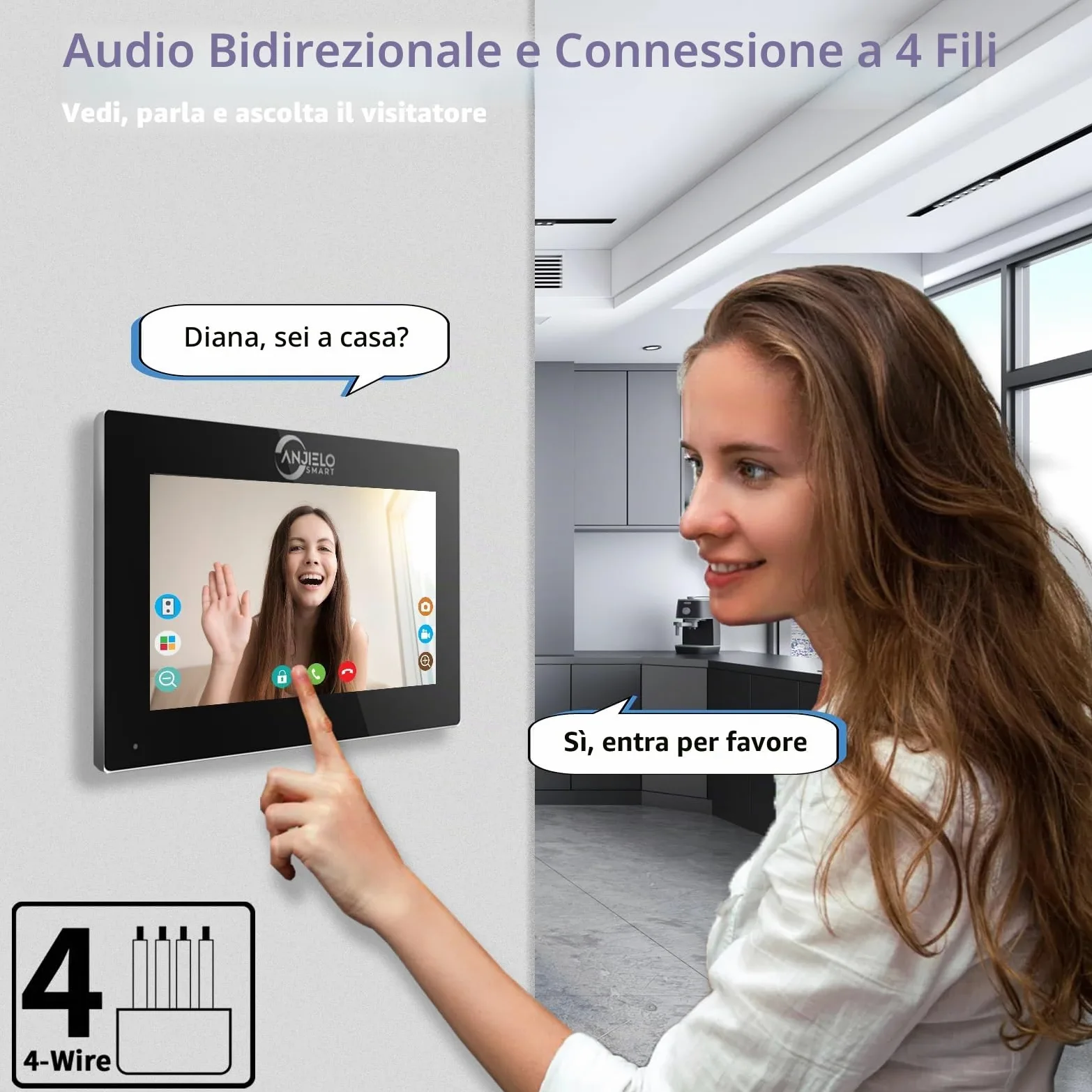 ANJIELO SMART Videocitofono, display touch screen da 7 pollici con sistema telefonico 1080P integrato, sblocco con impronte digitali, scheda RFID e codice PIN e rilevamento dei movimenti umani, 94218