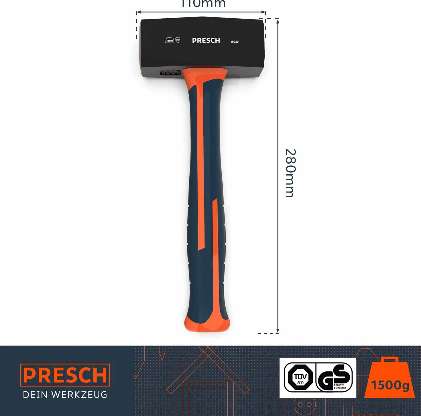 Presch Martello DIN 6475 1500g Manico in Fibra di Vetro Massa d'Acciaio
